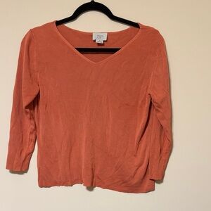 LOFT Women's Rust 3/4 Sleeve Silk V-Neck Top